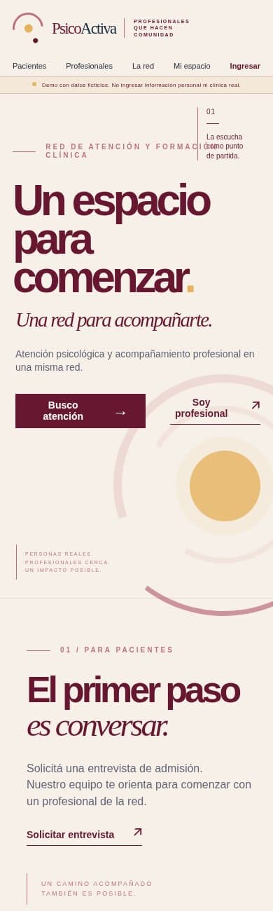 Portal de PsicoActiva Pacientes, pantalla de inicio