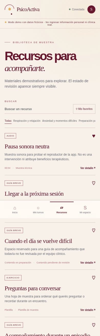 Portal de PsicoActiva Pacientes, pantalla de recursos