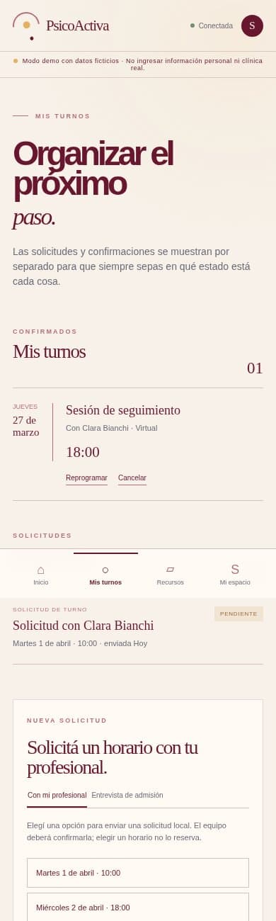 Portal de PsicoActiva Pacientes, pantalla de mis turnos